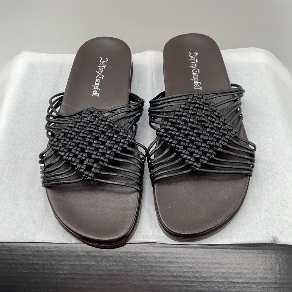 Jeffrey Campbell Womens Woven Multi-Strap Slide Sandals Black Brown Flat Shoe